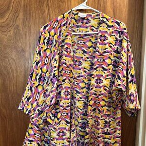 Abstract Print Kimono Cardigan – Lightweight Colorful Open Front Layer Size M